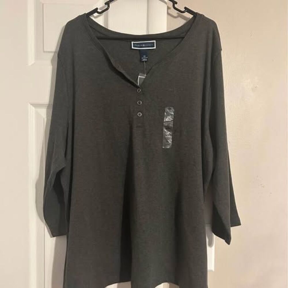 Karen Scott Women’s 3X Charcoal Gray Henley Top 3/4 Sleeve Cotton NWT